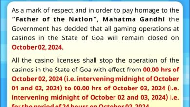 CASINOS TO REMAIN CLOSED ON OCT 02