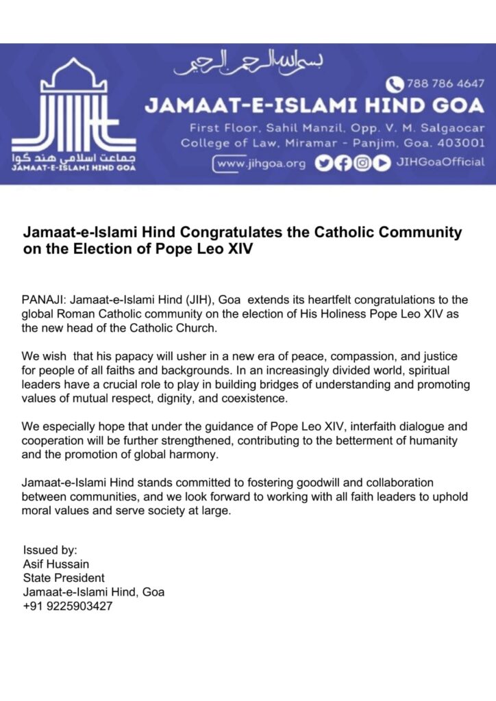 Jamaat-e-Islami Hind Congratulates the Catholic Community on the Election of Pope Leo XIV