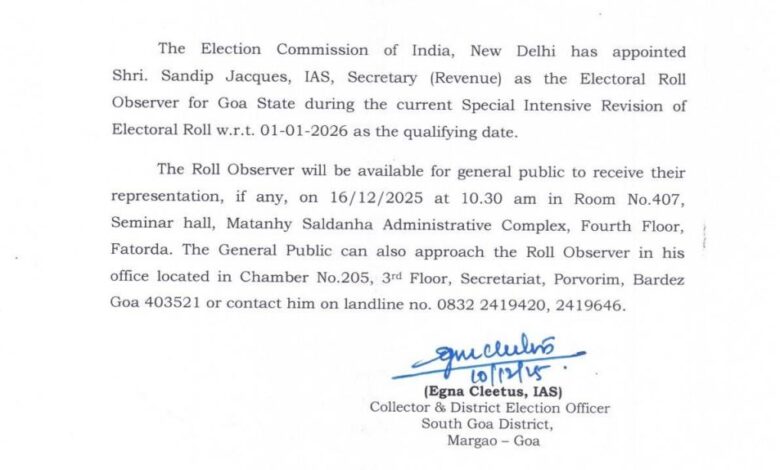 ECI APPOINTS ELECTORAL ROLL OBSERVER FOR SOUTH GOA