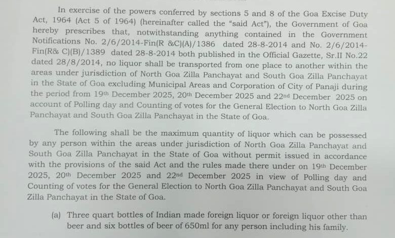 RESTRICTION ON TRANSPORTATION OF LIQUOR IN VIEW OF ZP POLLS