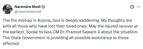 Prime Minister condoles loss of lives in fire mishap in Arpora, Goa