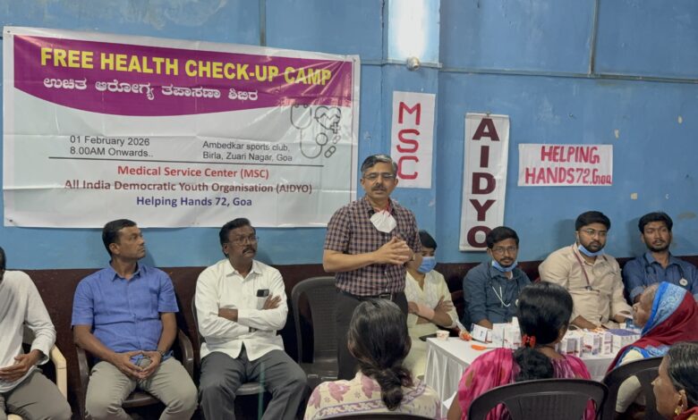 A free health check-up camp at Birla, Zuarinagar was organized jointly by AIDYO, Medical Service Center MSC and Helping Hands-72, Goa