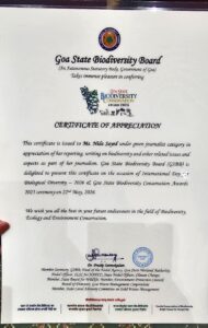 Nida Sayed conferred Green Journalist Award at Biodiversity Day Celebration